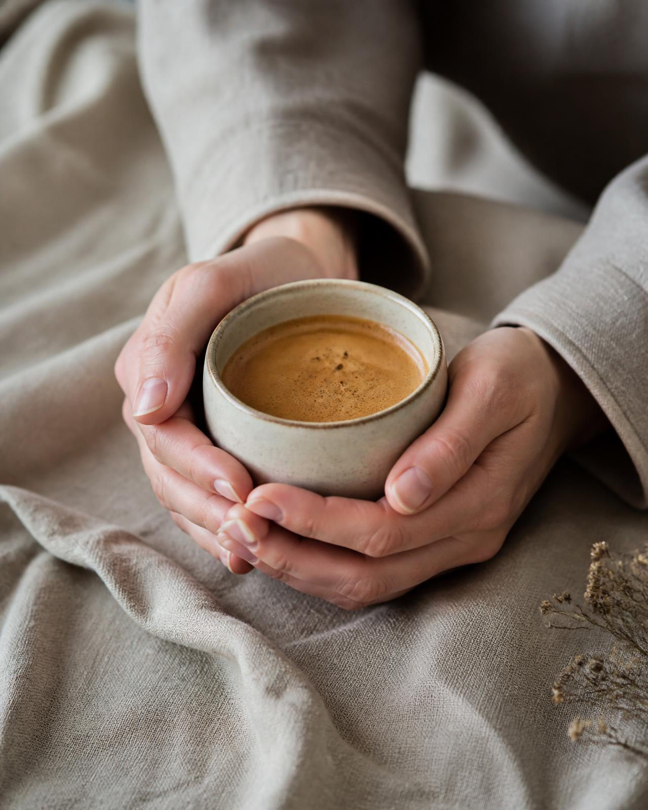 Hands holding a ceramic cup of espresso on linen