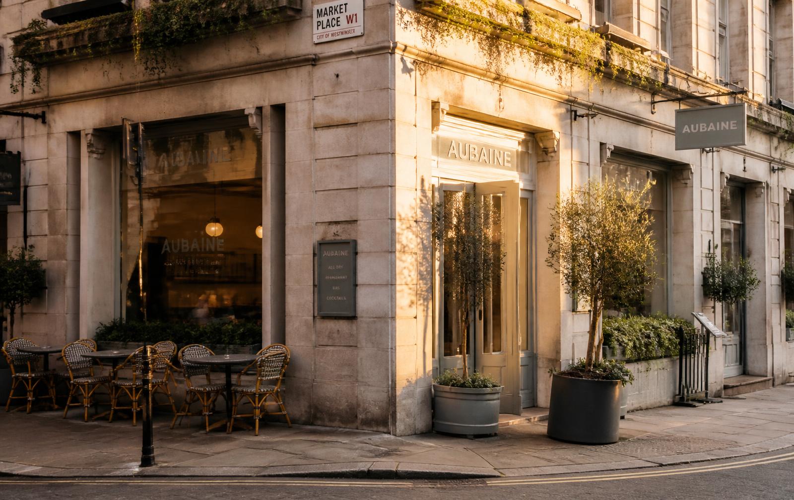 Maison Coffee House street facade at golden hour