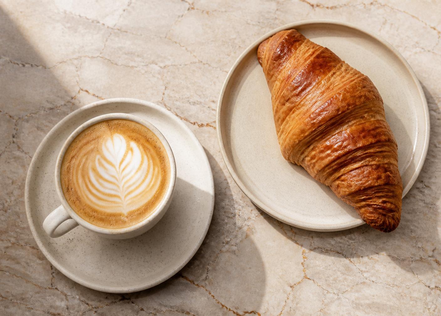 Flat white and a croissant on a stone table