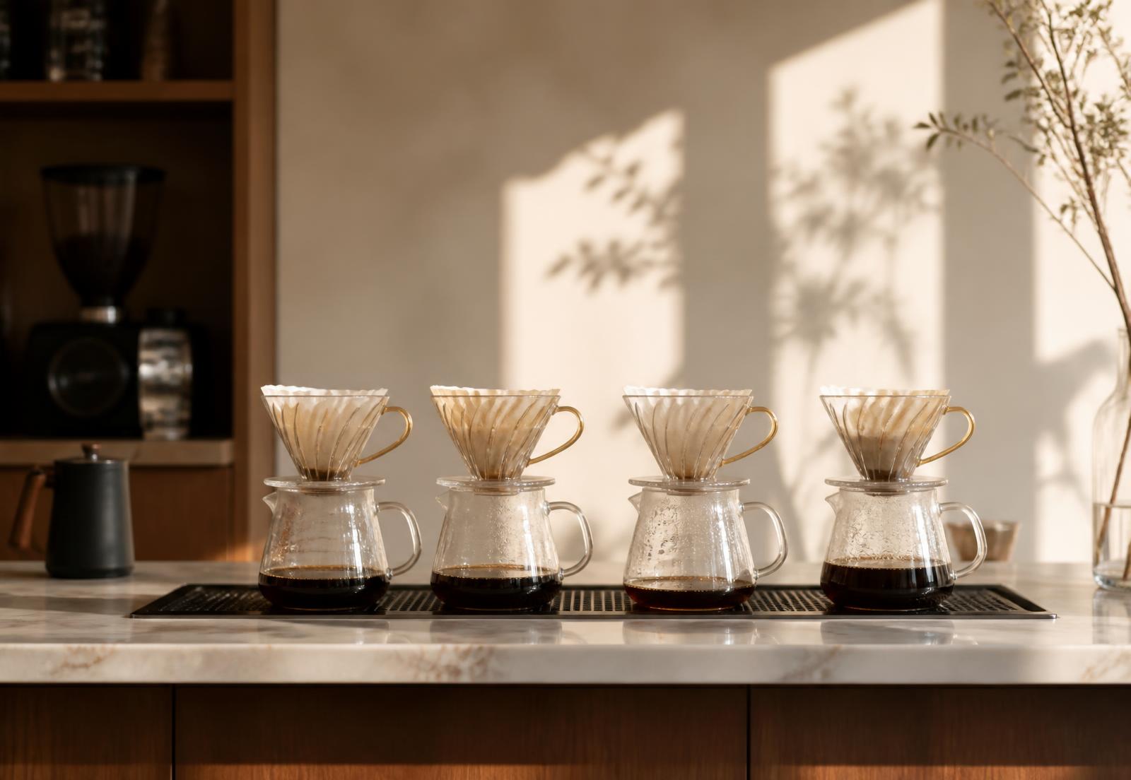 A row of hand-poured V60 drippers over glass carafes on a marble counter